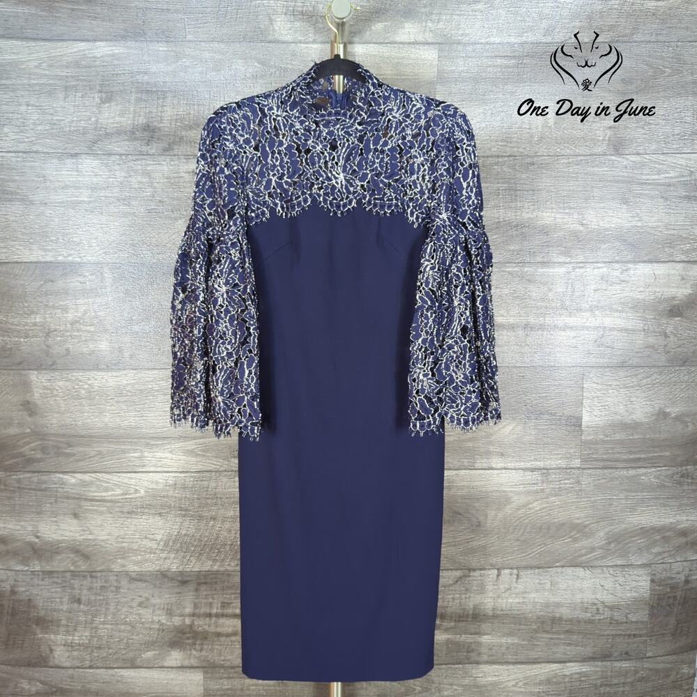 Eliza J Metallic Lace Bell Sleeve Sheath Dress Navy Cocktail NWT Size 2